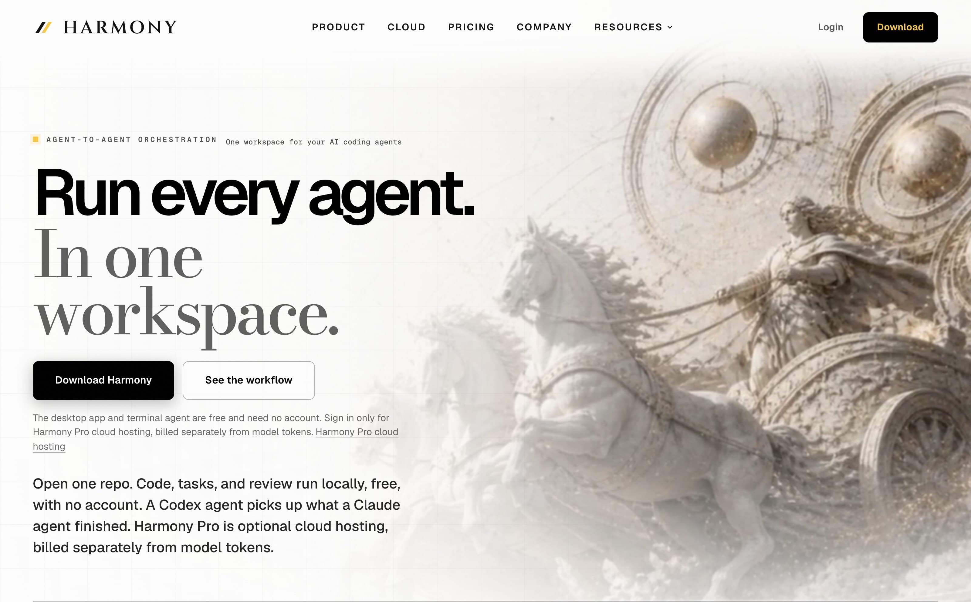 IDE Harmony marketing site hero reading Run every agent. In one workspace.