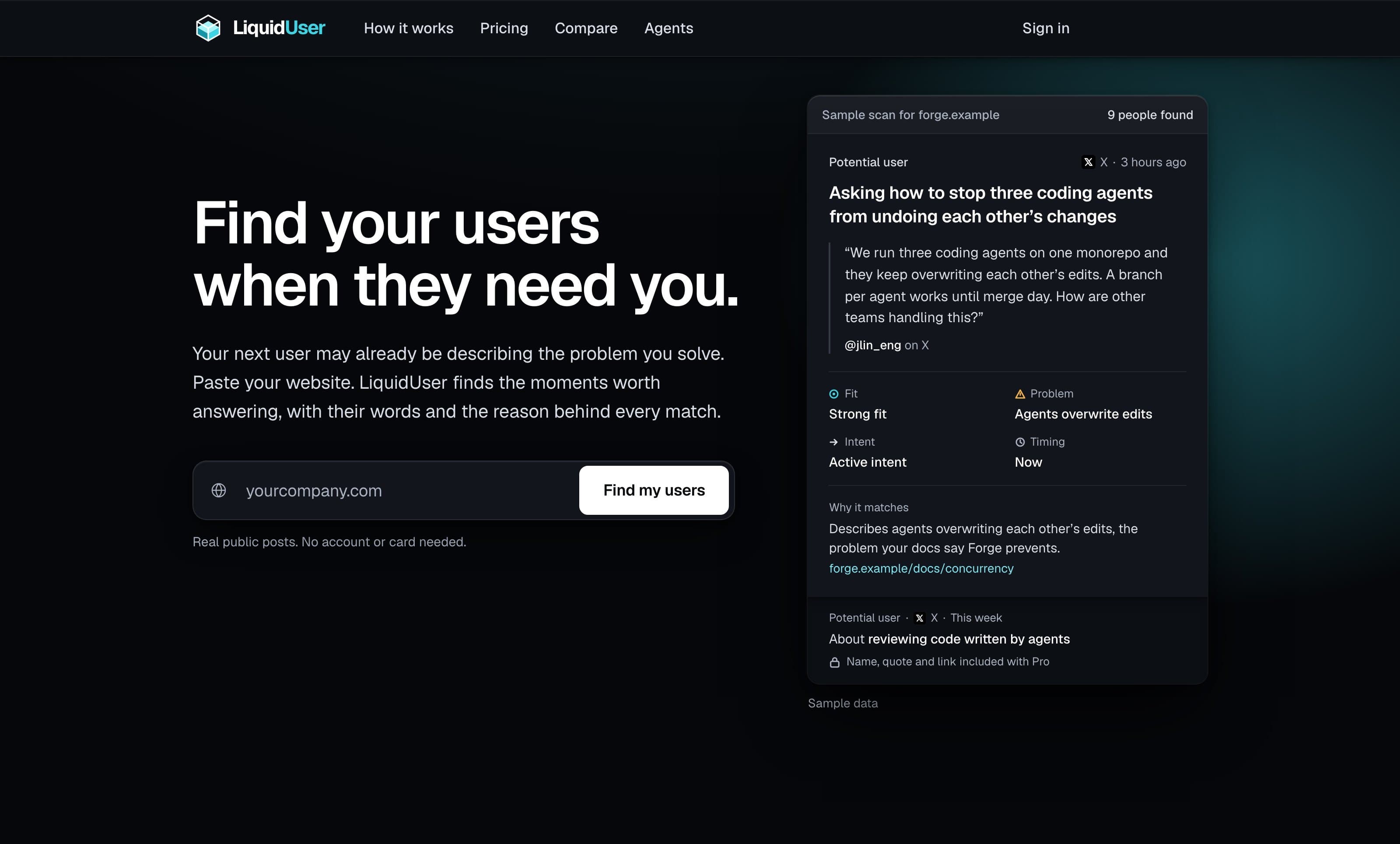 LiquidUser homepage with a sample scan of people describing a product problem